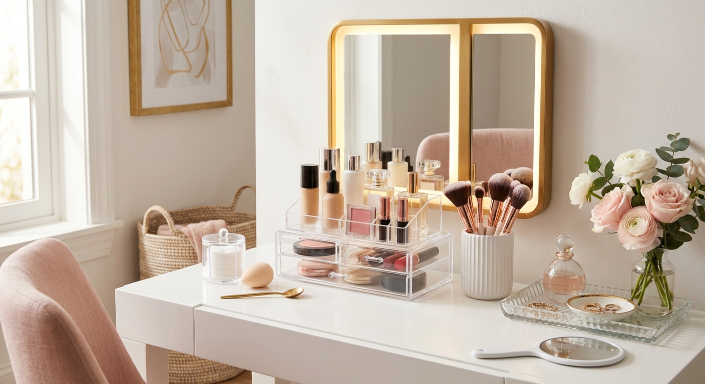 Beauty organizer on vanity