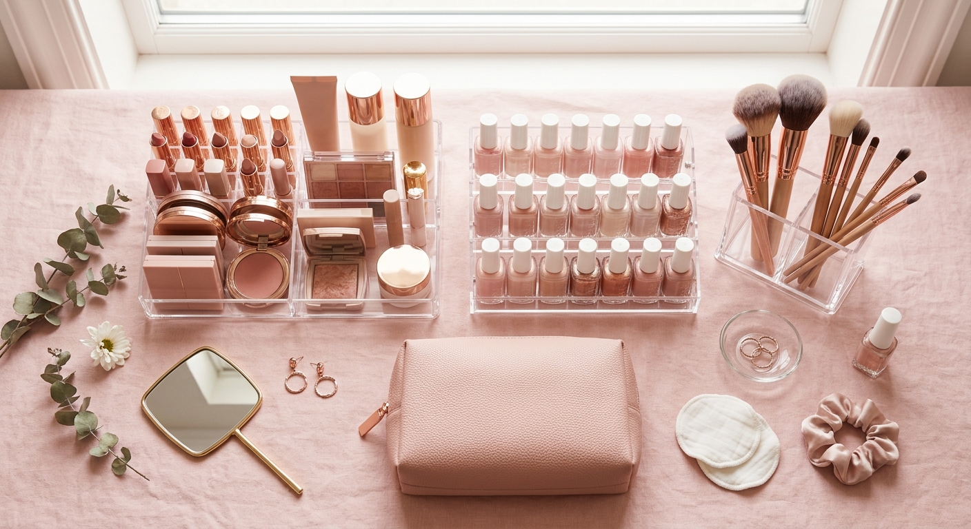 Beauty organizers and travel bags on vanity